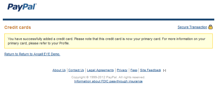 PayPal Add Payment Card Confirmation