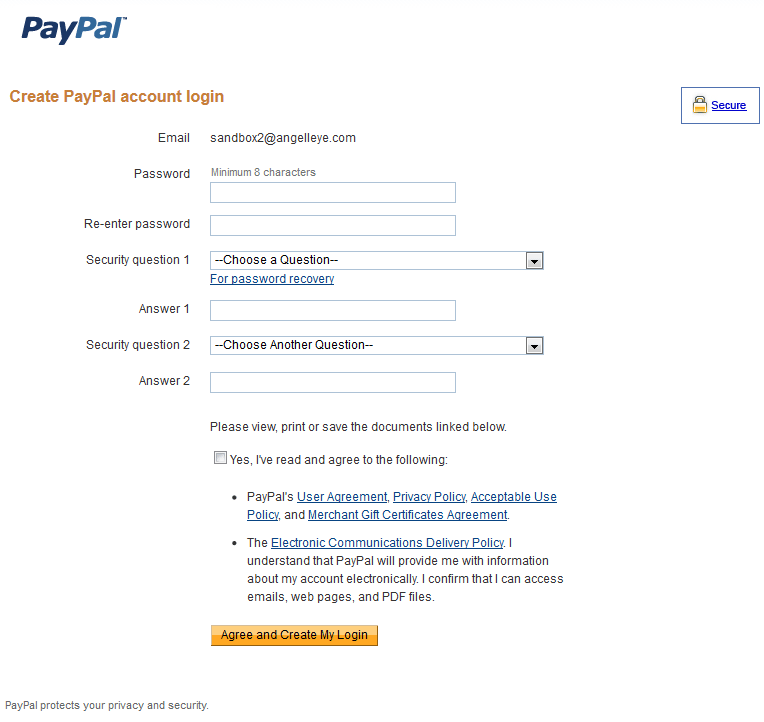 PayPal Create Account Screen