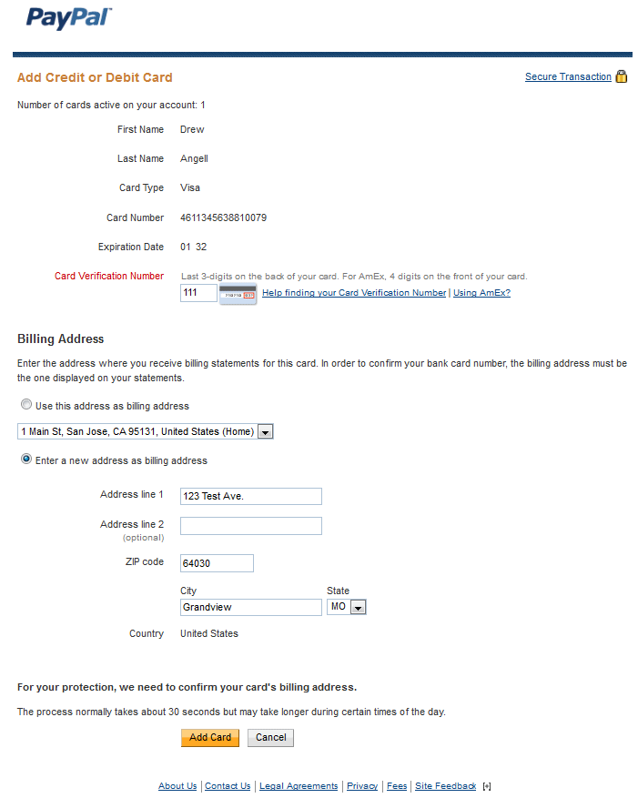 PayPal Add Payment Card