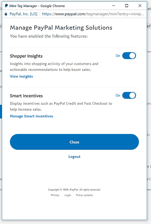 PayPal Marketing Solutions Manage Settings