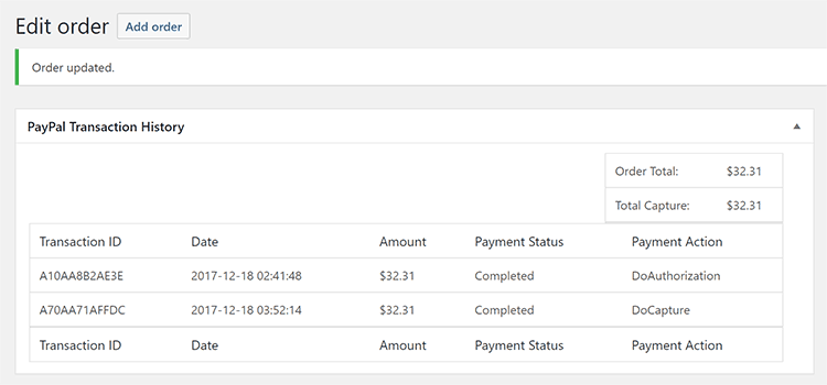 WooCommerce PayPal Authorize and Capture Log