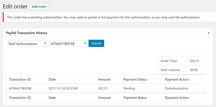 WooCommerce PayPal Authorize and Capture Void