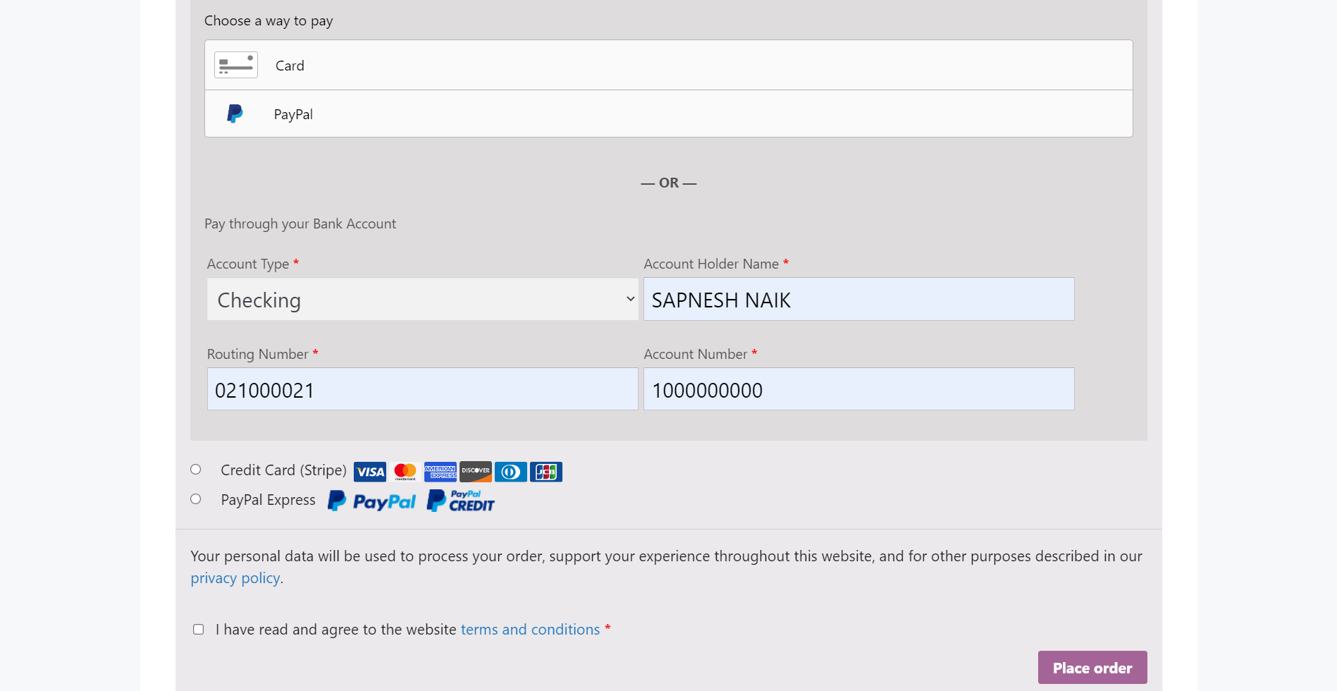 ACH Payment Page
