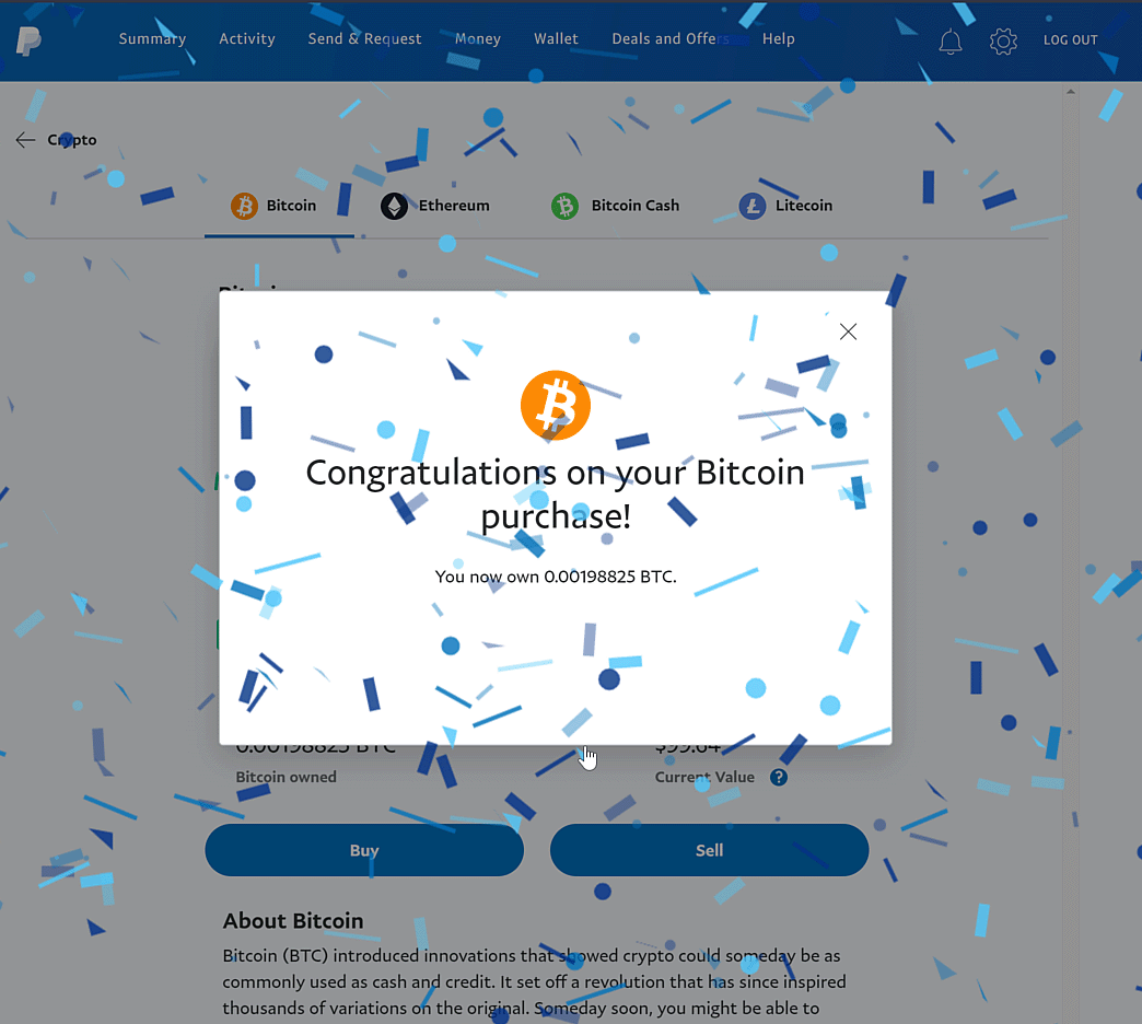 PayPal Crypto Buy Bitcoin Purchase Complete