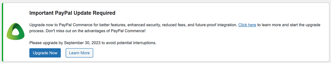 PayPal Commerce Platform Update Notice